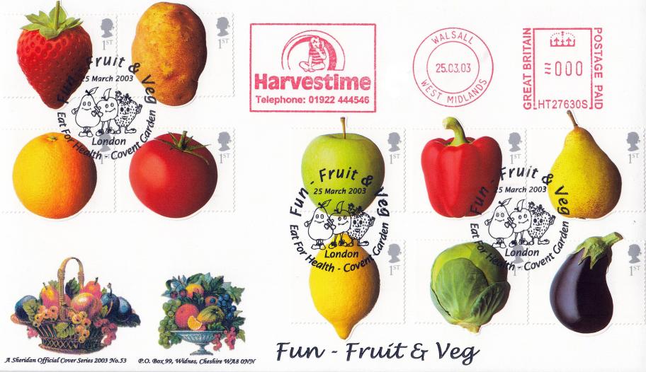 2003 (03) Fun Fruit & Veg - Sheridan 'Eat For Health' Official + Harvestime Meter Mark