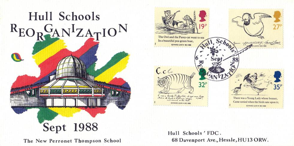 1988 (09) Edward Lear (Stamps) - Hull Schools Official (WITH Printed Address)