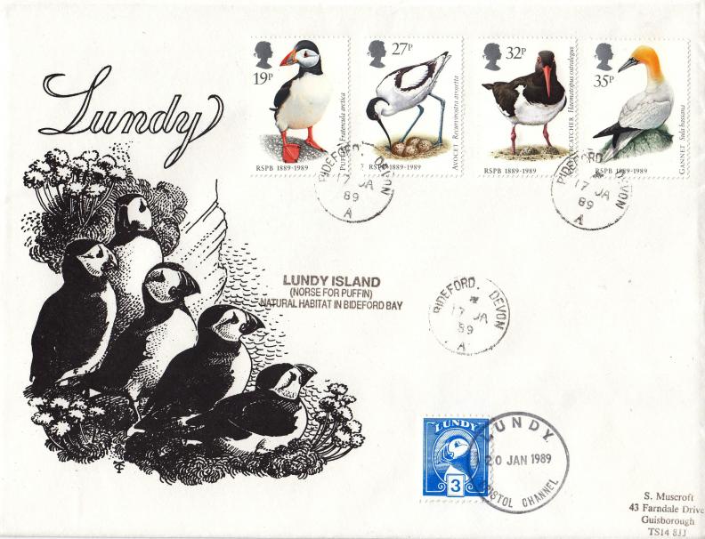 1989 (01) RSPB - Muscroft 'Puffin' Special Cover - Bideford CDS + Lundy 'Puffin' Stamp
