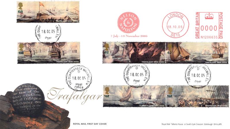 2005 (10) Trafalgar (Stamps) - RM - The Quaterdeck CDS + Nelson & Napoleon Meter Mark