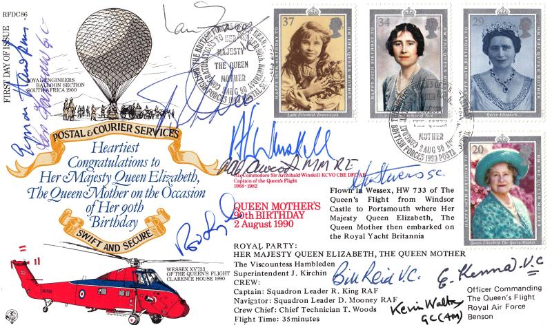 1990 (08) Queen Mother - Forces RFDC 86 Official - Multi-Signed by 4 VC's + 1 BOB Pilot + 3 GC's + 2 MM Winners