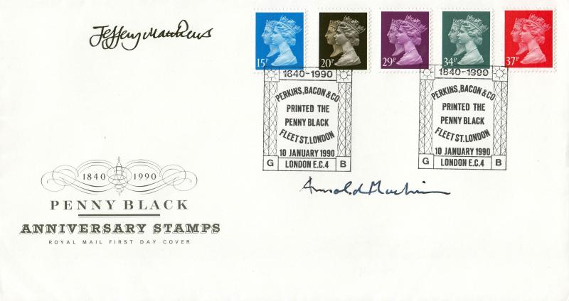 1990 (01) Penny Black - RM - Perkins, Bacon & Co H/S - Then Double Signed ny Arnold Machin & Jeffrey Matthews