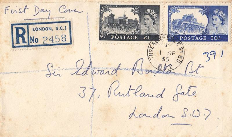 1955 (09) 10/- & £1 Waterlow Castle High's - Plain - Threadneedle Street, EC2 CDS