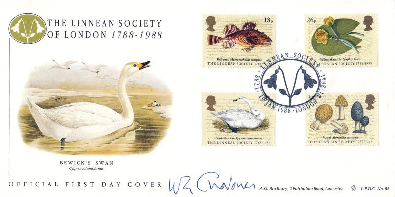 1988 (01) Linnean Society - Bradbury LFDC 65 Official - Signed by Professor W.G. Chaloner