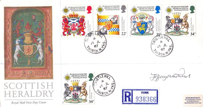 1987 (07) Scottish Heraldry - RM - Thistle Hill CDS - Also signed by the Stamp Designer Jeffrey Matthews