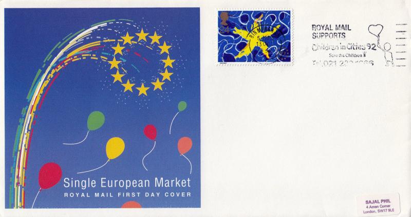 1992 (10) Single Market - RM - Royal Mail Supports Children in Cities, Save The Children Slogan