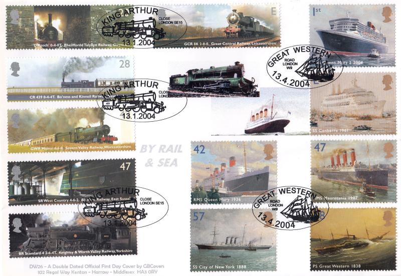 2004 (01) Classic Locomotives (Stamps) + 2004 (04) Ocean Liners (Stamps) - GB Covers DW 26 Double Official