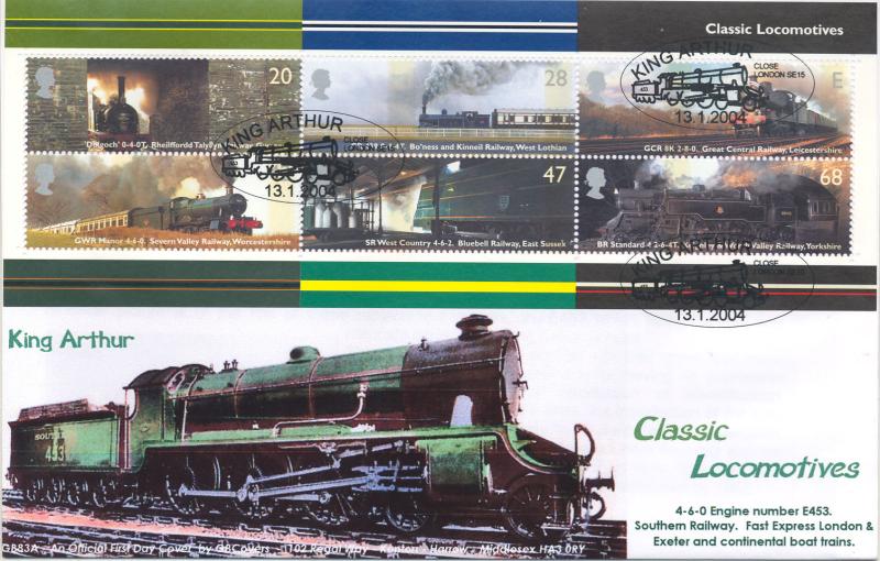 2004 (01) Classic Locomotives (M/S) - GB Covers (DW83A) King Arthur Close Official