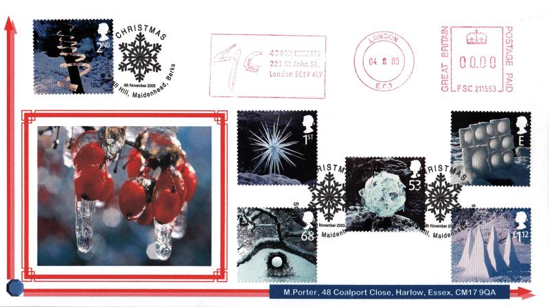 2003 (11) Christmas - Privately Produced 'Berries and Ice' Cover - Snowball Hill H/S + 4C For Charity Meter Mark