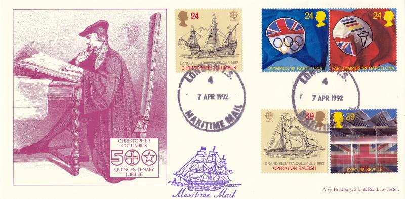 1992 (04) Europa - Bradbury 'Christopher Columbus Quincentenary' Official - London I.S. Maritime Mail CDS