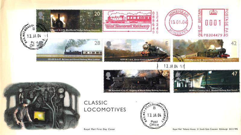 2004 (01) Classic Locomotives (Stamps) - RM - Railway Road CDS + West Somerset Railway Meter Mark