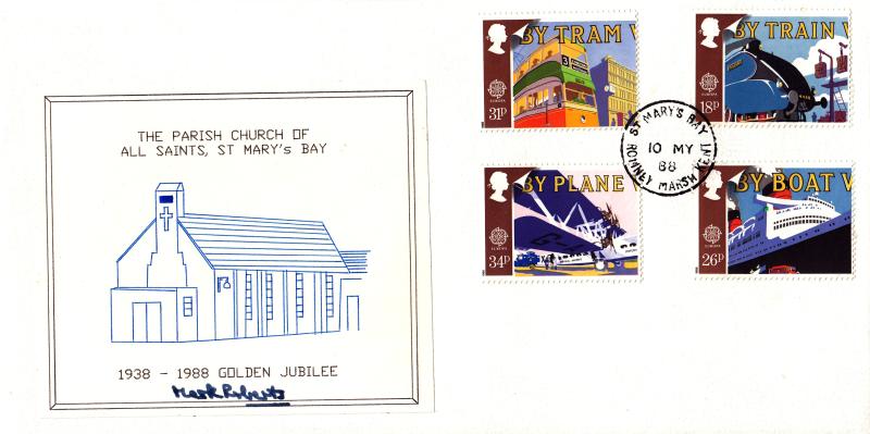 1988 (05) Transport - All Saints Church, Romney Marsh Golden Jubilee Cover - St Mary's Bay CDS - Signed by the Reverend Mark Roberts