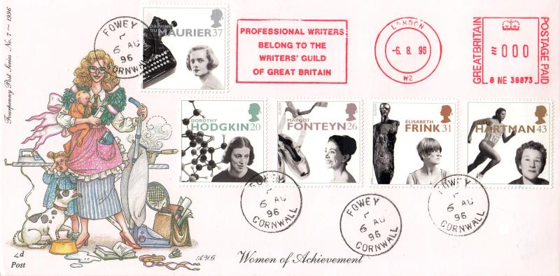 1996 (08) Women - 4d Post - Fowey CDS + The Writers Guild of Great Britain Meter Mark