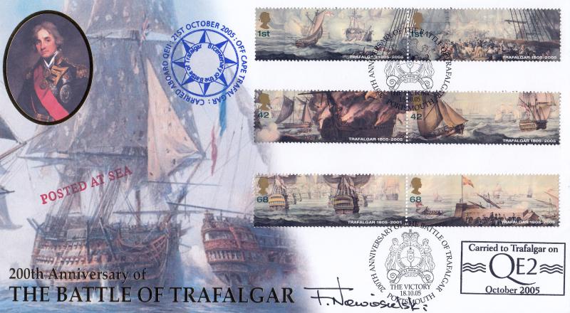 2005 (10) Battle of Trafalgar (Stamps) - Internet 'The Victory, Portsmouth' Official - Carried on Board the QEII - Signed by Lt Commander F Nowosielski