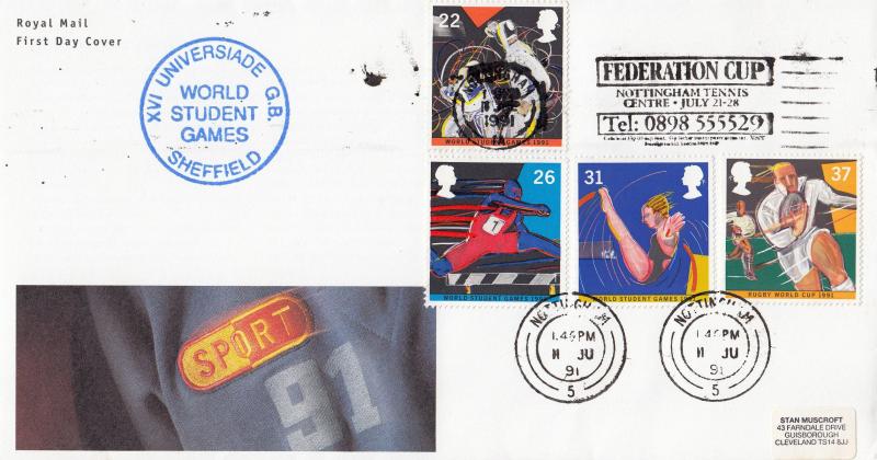 1991 (06) Sports - RM - Federation Cup, Nottingham Tennis Centre Slogan  + World Student Games Cachet