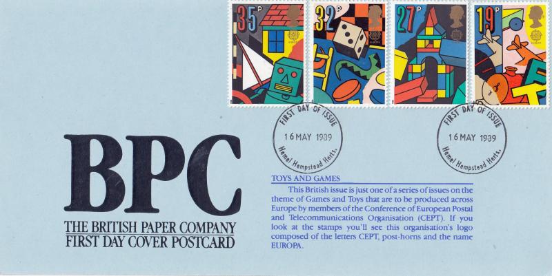 1989 (05) Games & Toys - British Paper Company Postcard - Hemel Hempstead FDI
