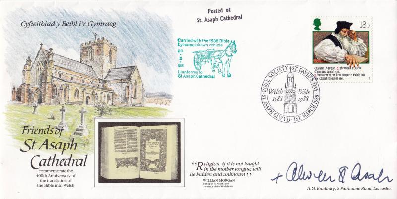 1988 (03) Welsh Bible - Bradbury St Asaph LFDC Official - Signed by the Bishop of Asaph + Carried by Horse-Drawn Vehicle cachet