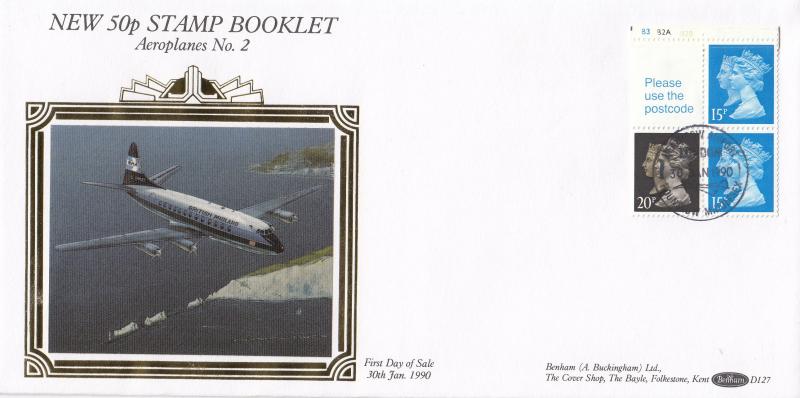 1990 (01) 50p Stamp Book - Benham D127 - Cylinder No Pane - Heathrow Airport H/S