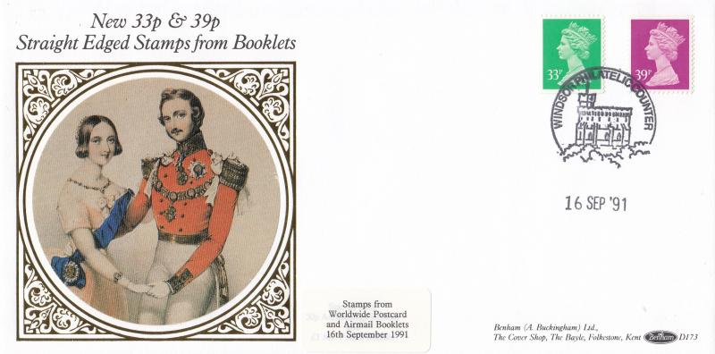 1991 (09) 33p & 39p Straight Edged Stamps - Benham D173 - Windsor Counter H/S