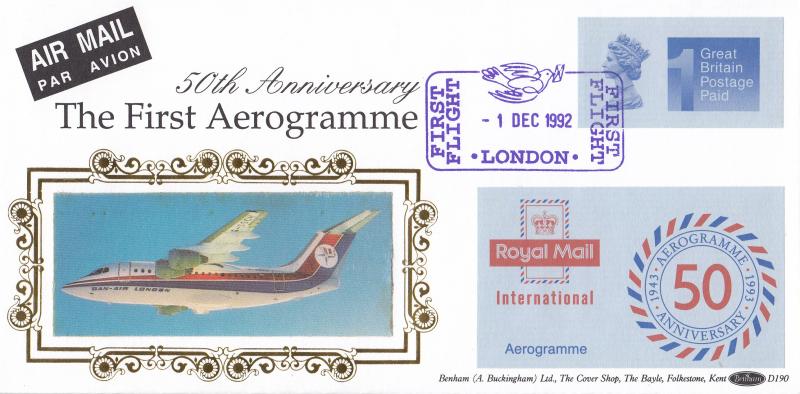 1992 (12) First Aerogramme 50th Anniv - Benham D190 - First Flight, London H/S