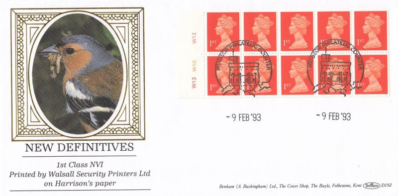 1993 (02) 10x 1st NVI Definitive Book - Benham D192 - Cylinder No Pane - Windsor Counter H/S