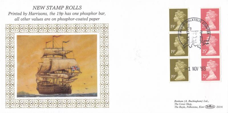 1993 (11) 19p & 25p New Stamp Rolls - Benham D216 - Windsor Counter H/S