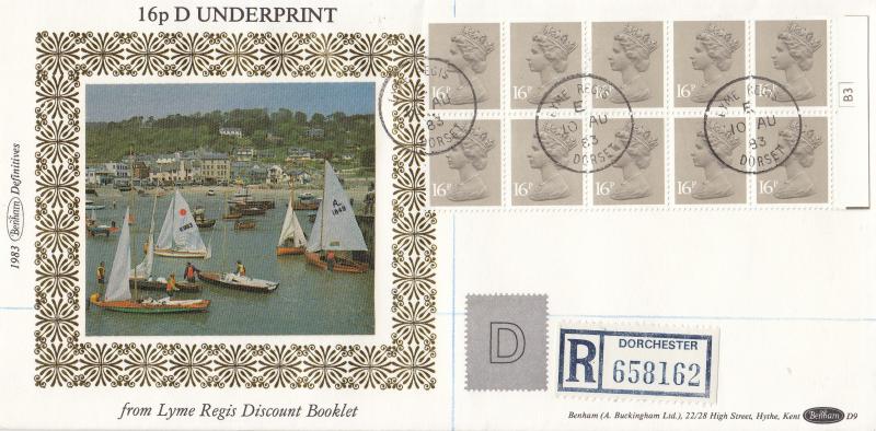 1983 (08) 16p D Underprint Lyme Regis Discount Booklet - Benham D9 - Lyme Regis CDS (Cyl No Version)