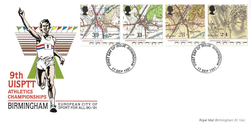 1991 (09) Maps - Royal Mail Birmingham Athletics Championships Cover - Birmingham FDI
