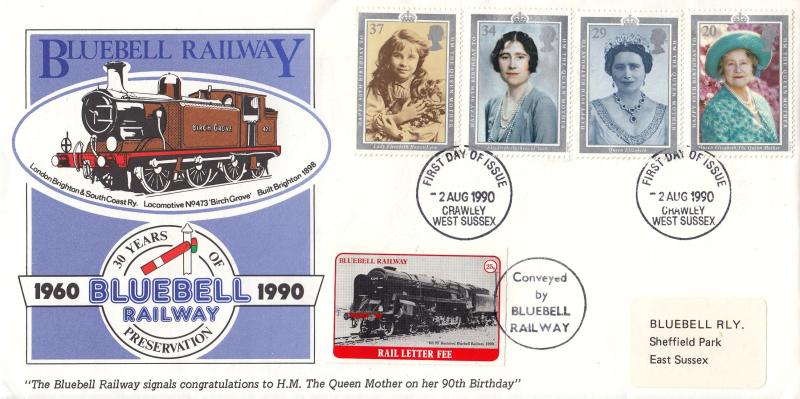 1990 (08) Queen Mother's 90th Birthday - Bluebell Railway Cover - Crawley FDI