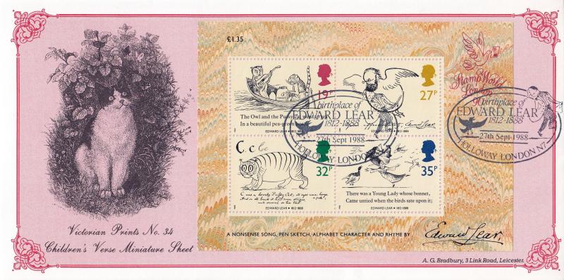 1988 (09) Edward Lear (M/S) - Bradbury Victorian Print 34 - Holloway, N7 H/S
