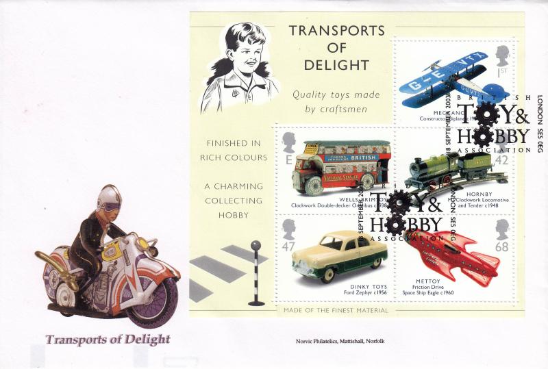 2003 (09) Transports of Delight (M/S) - Norvic Philatelics Cover - Toy & Hobby Association H/S