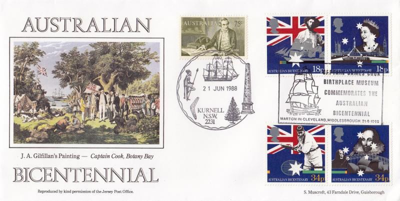 1988 (06) Australia - Muscroft 'Captain Cook, Botany Bay Painting' Official - Doubled Australia 75c + Kurnell NSW H/S
