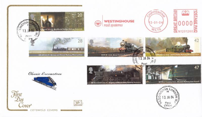 2004 (01) Classic Locomotives (Stamps) - Cotswold - Paddington CDS + Westinghouse Rail Systems Meter Mark