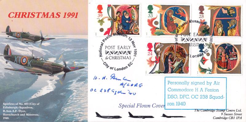 1991 (11) Christmas - Cambridge Stamp Centre Special - National Postal Museum H/S - Signed by the late Air Commodore Harold Fenton DSO DFC