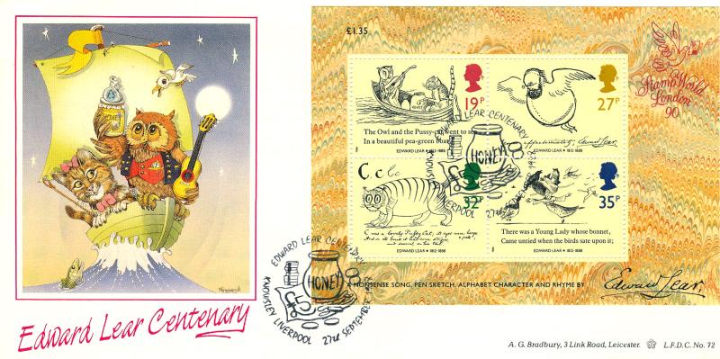 1988 (09) Edward Lear (M/S) - Bradbury LFDC 72 'Edward Lear, Knowsley' Official