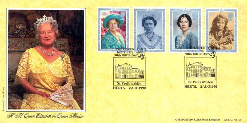 1990 (08) Queen Mother's 90th Birthday - Bradbury LFDC 90 'St Paul's Walden' Official
