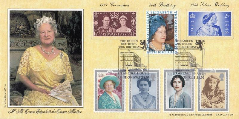 1990 (08) Queen Mother's 90th Birthday - Bradbury LFDC 90 'Clarence House' Official + Three Previous Royalty Stamps
