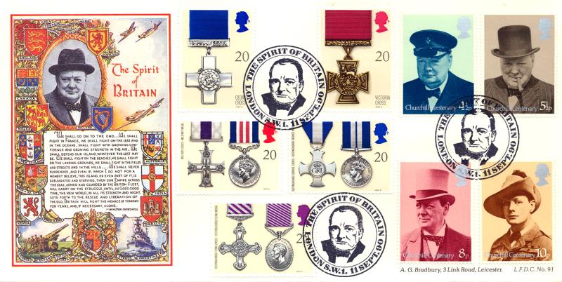 1990 (09) Gallantry - Bradbury LFDC 91 'Spirit of Britain' Official + 1974 Churchill Set