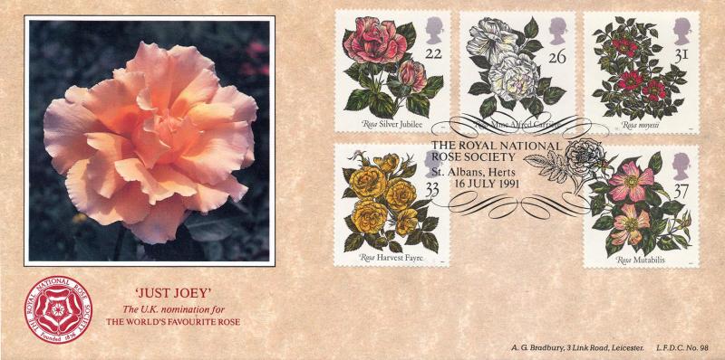 1991 (07) Roses - Bradbury LFDC 98 'National Rose Society, St Albans' Official