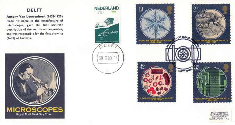 1989 (09) Microcopes - RM - Oxford H/S - Doubled at Delft + Printed Cachet
