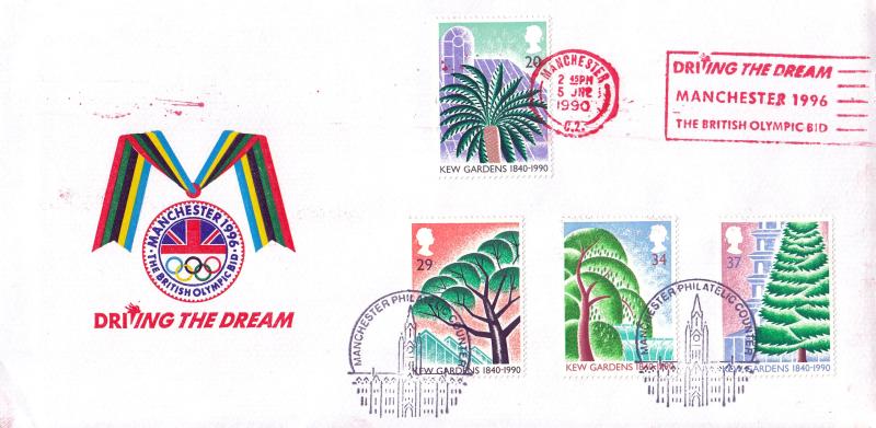 1990 (06) Kew Gardens - Manchester Olympic Bid Cover - Driving The Dream Slogan + Manchester Philatelic Counter H/S on the remaining stamps