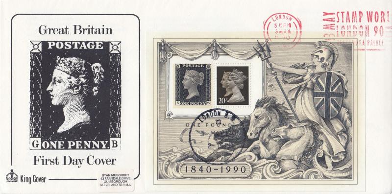 1990 (05) Penny Black (M/S) - King Cover - Stamp World London 90 Slogan