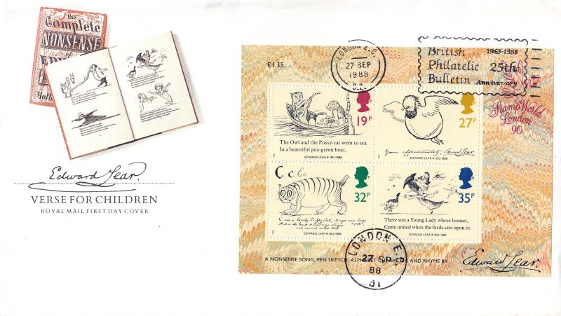 1988 (09) Edward Lear (M/S) - RM - British Philatelic Bulletin 25th Anniversary Slogan
