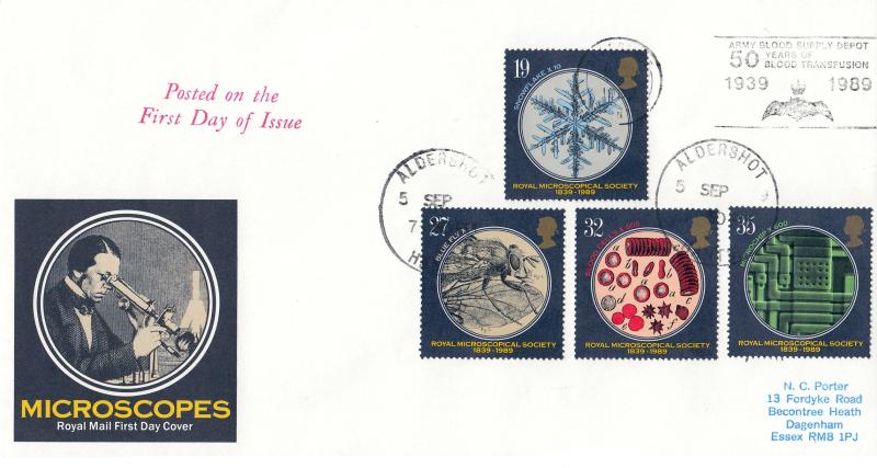 1989 (09) Microcopes - RM - Army Blood Supply Depot. 50 Years of Blood Transfusion Slogan