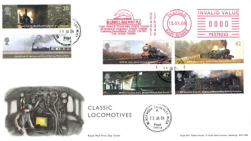 2004 (01) Classic Locomotives (Stamps) - RM - Blackmoor CDS + Bluebell Railway Meter Mark