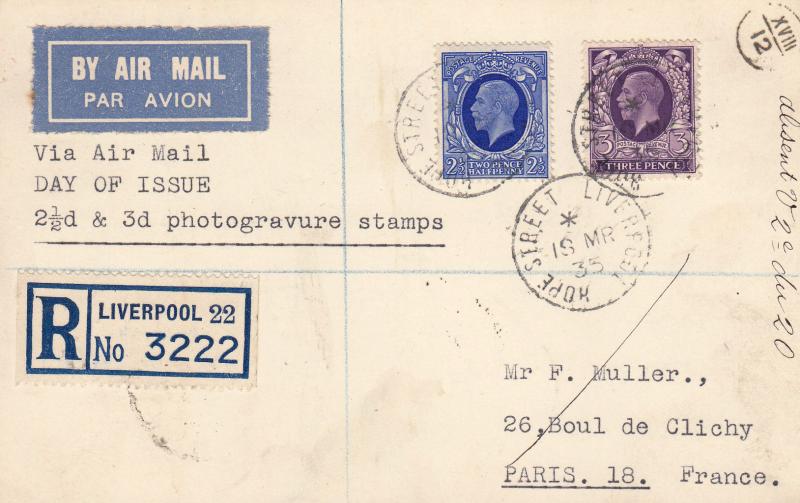 1935 (03) Photogravure 2½d Blue + 3d Violet Definitives - Postcard - Hope Street, Liverpool CDS