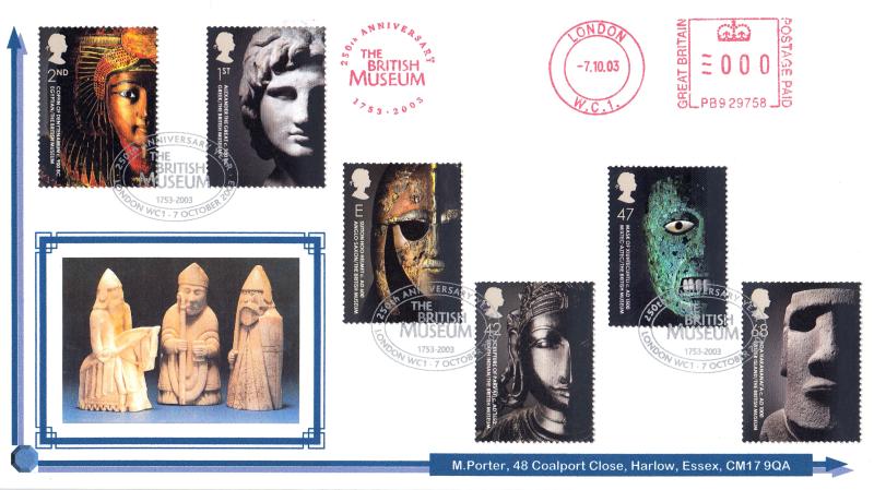 2003 (10) British Museum - Privately Produced 'Ivory Icons' Cover - Museum (Oval), London H/S + 250th Anniversary The British Museum 1753-2003 (Circular) Meter Mark