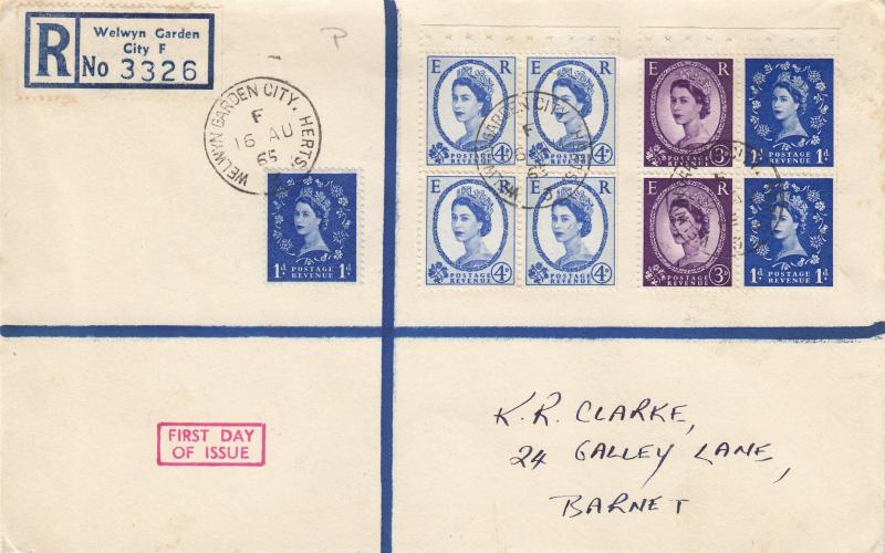 1965 (08) 2/- Booklet - BOTH PANES - Plain 'Registered' Cover - Welwyn Garden City CDS