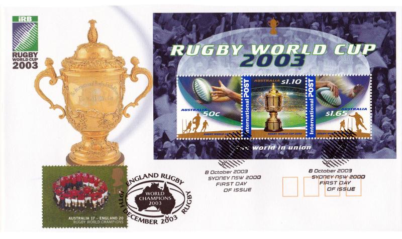 2003 (12) Rugby Winners M/S - Australia Post Rugby World Cup Official - Doubled with the UK 'Team Hug' Stamp