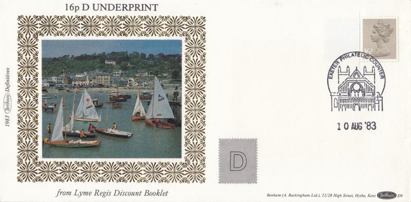 1983 (08) 16p D Underprint Lyme Regis Discount Booklet - Benham D9 - Exeter Philatelic Counter H/S